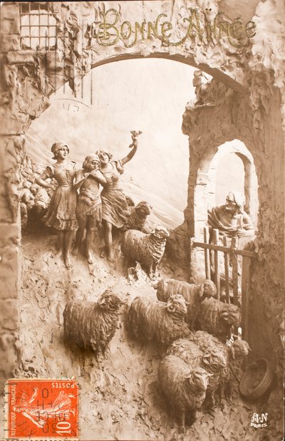 Stara pocztówka/Szczęśliwego roku/Pozdrowienia/Bergere/Owca autorstwa William M. Timlin