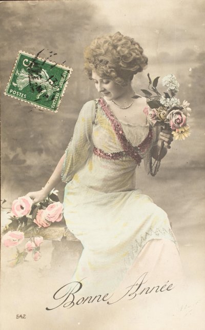 Stara pocztówka/szczęśliwego roku/życzenie/kobieta Belle Epoque autorstwa William M. Timlin