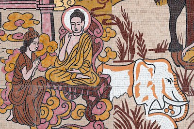 Buddyjska pagoda Ong Nui, fresk ścienny, Życie Buddy, Quy Nhon, Wietnam, 2019 (zdjęcie) autorstwa Unbekannt