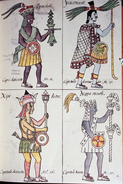 Opochtli, Xipe Totec, Yacatecuhtli i Nappatectli, Strona z kodeksu florenckiego, Ogólna historia rzeczy Nowej Hiszpanii, Aztec autorstwa Benjamin Baud