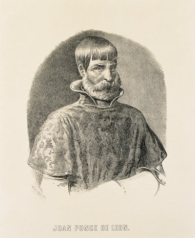PONCE DE LEON, Juan (1460-1521). Hiszpański zdobywca Puerto Rico (1508) i odkrywca Florydy (1502) (rycina) autorstwa Unbekannter Künstler