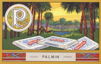 P: Palmine - Alfabet Palmine. Seria chromolitografii pod redakcją H. Schlincka i Cie, Hamburg, s. d. . Reklama najlepszego oleju kokosowego Palmin. Wymiary: 7 x 11 cm autorstwa William M. Timlin