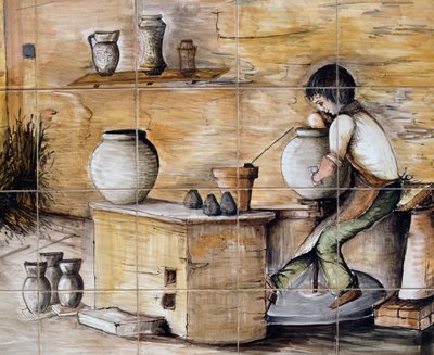 Malowany panel z majoliki przedstawiający scenę wyrobu ceramiki, wykonany ręcznie przez Ceramiche Desuir, Santo Stefano di Camastra, Sycylia, Włochy, detal autorstwa William M. Timlin