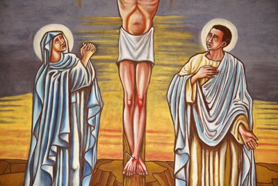Obraz. Ukrzyżowanie Jezusa Chrystusa. Najświętsza Maryja Panna i św. Jan, Aneho, Togo autorstwa Unbekannt
