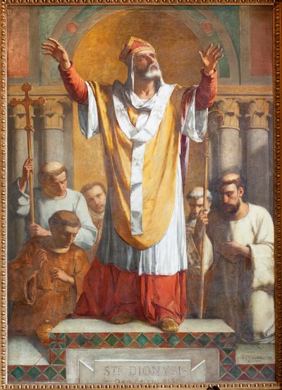 Kościół parafialny (Parochiale kerk Sint-Dionysius van Lede). Wnętrze. Nawa południowa. Ołtarz. Obraz. Święty Denis. Podpisano i opatrzono datą 1854 ThEodore-Joseph Canneel. autorstwa Unbekannter Künstler