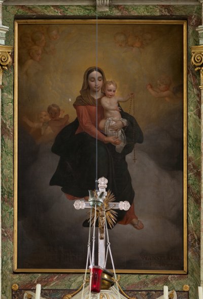 Kościół parafialny (Sint-Machutuskerk Wannegem). Wnętrze. Ołtarz główny. Obraz. Podpisany Van Lanselaere 1844. autorstwa Unbekannter Künstler
