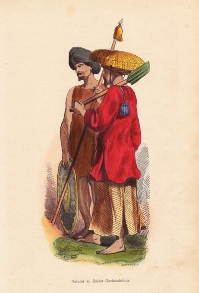 Peasant et soldat Cochinchinois (Vietnam) - Mężczyźni z Wietnamu (Cochinchine): żołnierz z turbanem, tarczą i włócznią oraz rolnik w słomkowym kapeluszu, tunice i łopacie - Ręcznie kolorowany drzeworyt Merciera z "Moeurs, Uses et Costumes de tous les Peupl autorstwa Unbekannter Künstler