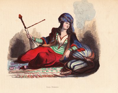 Perska dama - perska szlachcianka w wysadzanym klejnotami turbanie, obszytej futrem kurtce, tunice i pantalonach, paląca fajkę wodną, leżąca na poduszkach i dywanie - ręcznie kolorowany drzeworyt Pannemakera i Merciera według ilustracji H. Hendrickxa z "Mo autorstwa Unbekannter Künstler