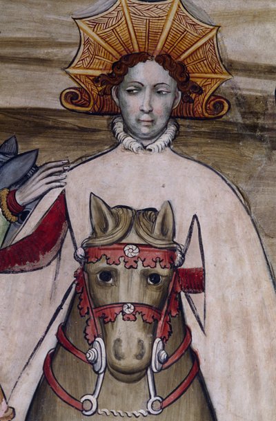 Osoba na koniu, fragment fresku w zamku Manta (XV w.), Saluzzo, Piemont, Włochy autorstwa Benjamin Baud