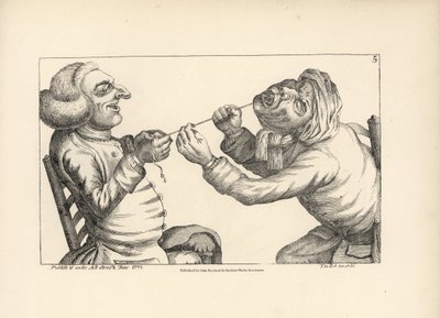 Lekarz śmieje się, wyrywając pacjentowi ząb za pomocą sznurka. Miedzioryt według satyrycznej ilustracji Timothy