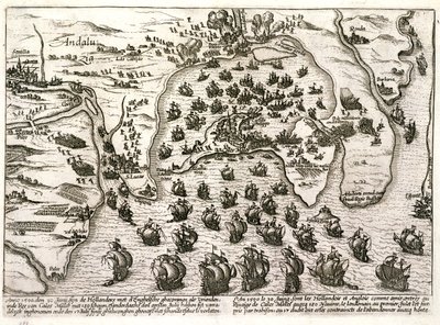 Plan portu Kadyks w 1596 roku w momencie ataku Sir Waltera Raleigha (rycina) autorstwa Unbekannter Künstler
