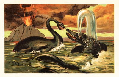 Plesiosaurus i Ichtiosaurus walczą przed wybuchem 1908 roku (litografia) autorstwa Unbekannter Künstler