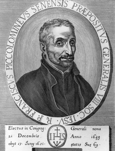Portret Francesco Piccolomini (1582-1651), włoskiego jezuity, był przełożonym generalnym Towarzystwa Jezusowego od 1649 do 1651, grawerowanie autorstwa William M. Timlin