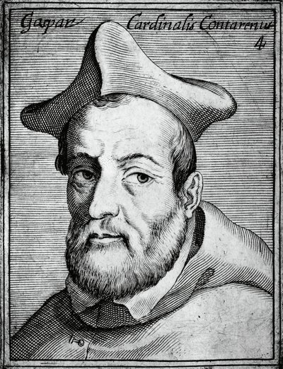 Portret Gasparo Contariniego (1483-1542), włoskiego kardynała i biskupa, rycina z Illustrissimorum, omnique virtutis, et scientiarum laude praestantissimoru virorum icones, autorstwa Claudiusa Pernetusa. autorstwa William M. Timlin