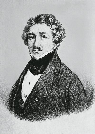 Portret Louis-Jacques-Mande Daguerre (1787-1851), francuskiego artysty, fizyka i chemika, znanego z wynalezienia dagerotypowego procesu fotograficznego autorstwa William M. Timlin