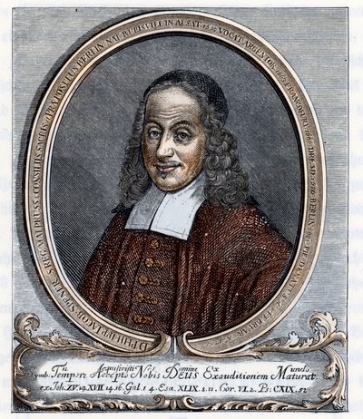 Portret Philippa Jacquesa Spenera (1635-1705) luterańskiego teologa, założyciela pietyzmu (pietyzmu) Rycina z "Germanii" Johannesa Scherra z 1880 r. Kolekcja prywatna autorstwa Unbekannter Künstler