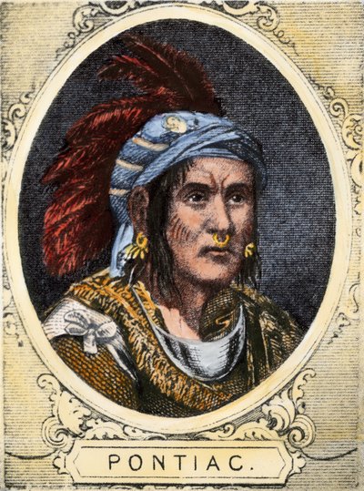 Portret Pontiaca (lub Obwandiyaga, ok. 1714-1769), wodza indiańskiego plemienia Indian Outaouais z Detroit (Ottawa Nation). Kolorowa rycina z XIX wieku. autorstwa Unbekannter Künstler