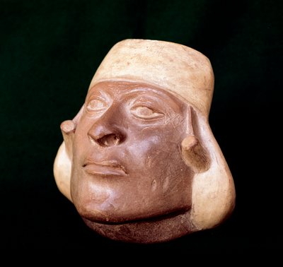 Sztuka prekolumbijska, cywilizacja mocchica: waza z terakoty przedstawiająca głowę mężczyzny - 200 pne-700 ne - Lima, Narodowe Muzeum Antropologii i Archeologii, Peru - Sztuka prekolumbijska, cywilizacja Moche autorstwa Unbekannt