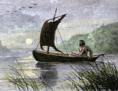 Prehistoryczna nawigacja, wiosłowanie kajakiem z ożaglowaniem ze skóry zwierzęcej. autorstwa Unbekannter Künstler