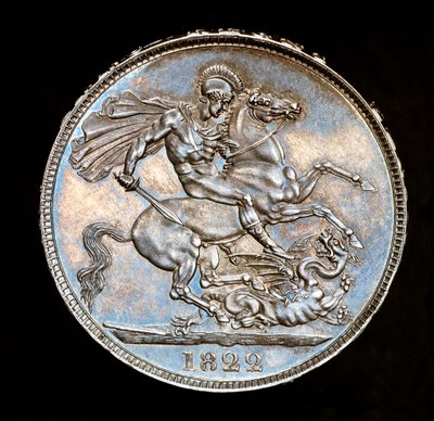 Rzadka moneta brytyjska, król Jerzy IV, srebrna korona Proof, patron Anglii na koniu z mieczem, który ma zabić smoka, autor: Bernedetto Pistrucci autorstwa Unbekannter Künstler