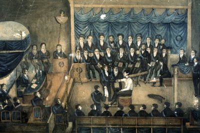 Przyjęcie masona do loży, ok. 1820 r. (akwarela) autorstwa Unbekannter Künstler