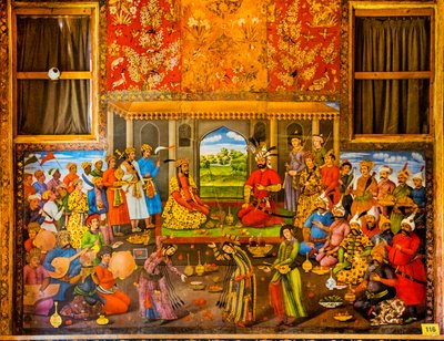 Recepcja władcy Mogołów Humayuna 1544, freski ze scenami dworskimi i scenami bitewnymi, Pałac Chehel Sotoun, Isfahan, Isfahan, Iran, Azja (zdjęcie) autorstwa Unbekannter Künstler
