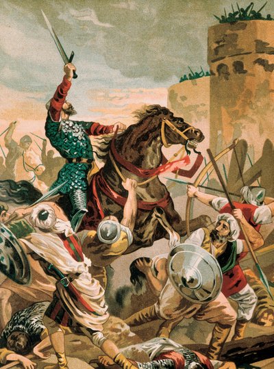 Przedstawienie Cyda, Rodrigo Diaza de Vivar (1043-1099), hiszpańskiego rycerza, bohatera rekonkwisty podczas oblężenia Walencji przeciwko Saracenom w 1099 r. autorstwa Unbekannter Künstler