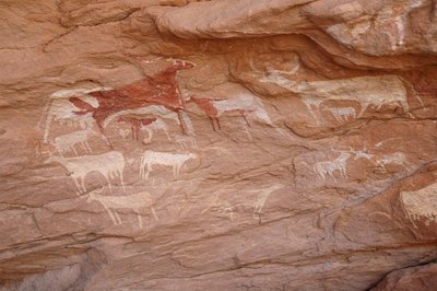 Sztuka naskalna, prehistoria: Obraz przedstawiający stado bydła w ozdobnym schronie w masywie Uweinat w Sudanie (Karkur-Talh lub Karkur Talh). Okres od 8000 do 3000 lat pne. Fotografia autorstwa Unbekannt