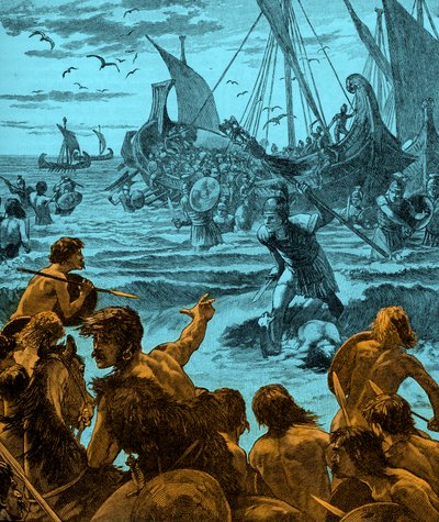 Rzymska inwazja na Brytanię - ilustracja z początku XX wieku autorstwa Unbekannter Künstler
