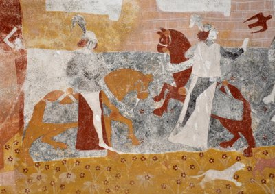 Sztuka romańska: Freski kaplicy pogrzebowej Sainte Catherine de Jouhet, Vienne, Poitou-Charentes (Poitou Charentes), Francja. Spotkanie trzech żywych i trzech umarłych. (Opowiada o spotkaniu trzech młodych i bogatych rycerzy z trzema martwymi. "wha autorstwa Unbekannter Künstler