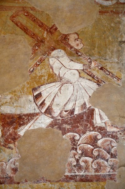 Sztuka romańska: Szymon z Cypru niesie krzyż Chrystusa. Widok szczegółowy fresków chóru "La vie du Christ" (XIII w.) z kościoła Saint Martin (św. Marcina). autorstwa Unbekannter Künstler