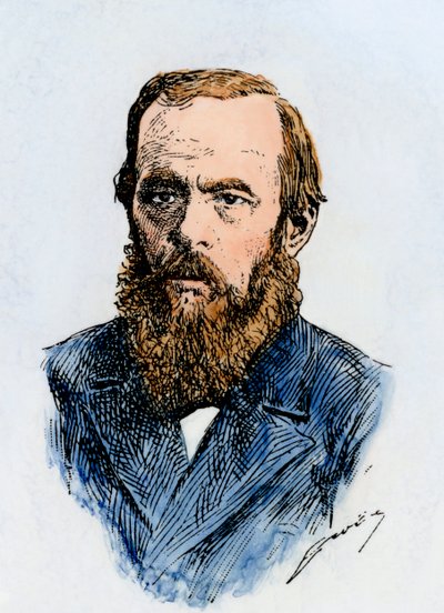 Rosyjski powieściopisarz Fiodor Dostojewski (1821-1881). Ręcznie kolorowany drzeworyt XIX-wiecznej ilustracji autorstwa Unbekannter Künstler