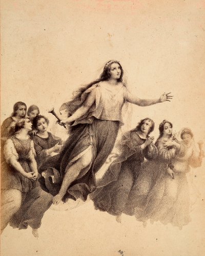 Święta Łucja z pochodnią w ręku leci przez firmament Empyrean, otoczona przez młodzież. Ilustracja do Canto XXXII w Paradiso z Boskiej komedii Dantego Alighieri. Dzieło Francesco Scaramuzzy dedykowane władzom miejskim Florencji. autorstwa Unbekannter Künstler