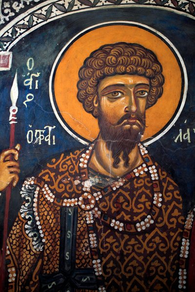 Św. Teodor Stratelates: bizantyjski fresk z XIV wieku (1332) Kościół Dziewicy Phorbiotissa, Asinou Cypr Malowane kościoły UNESCO Troodos, Cypr autorstwa Unbekannt