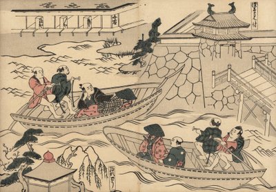 Samuraj przeprawiający się łodzią przez rzekę (w Akasaka Mitsuke) w drodze do dzielnicy wypoczynkowej Yoshiwara. Drzeworyt autorstwa Masanobu Okumury (1686-1764) z Fuzoku Emakimono, Picture Scroll of the Water Trade, Tokio, reprint około 1880 roku. autorstwa Unbekannter Künstler