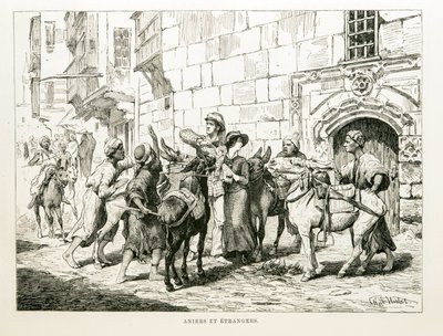 Rysunek satyryczny przedstawiający zachodnich turystów w otoczeniu osłów i ich kierowców - ilustracja z atlasu Egiptu autorstwa Unbekannt