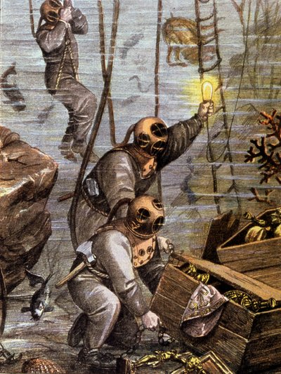 Nurek odkrywający podwodny skarb, początek XX wieku (ilustracja) autorstwa Unbekannter Künstler