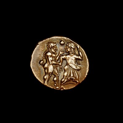 Srebrna moneta stater, starożytna Grecja, wyspy Thasos u wybrzeży Tracji, 500 r. p.n.e. Ważne arcydzieło klasycznej starożytności ze wspaniałymi biesiadnikami (zdjęcie) autorstwa Unbekannter Künstler