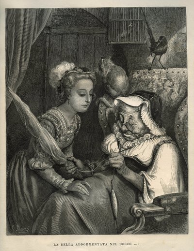 Śpiąca królewna: księżniczka odkrywa starą kobietę przędzącą wełnę. Grawer Gustave Dore (1832-1883) z „”Les contes”” Charlesa Perraulta (1628-1703) autorstwa Unbekannt