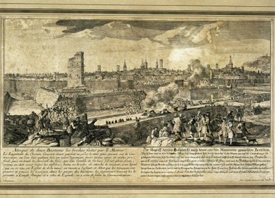 Hiszpania: Wojna o sukcesję hiszpańską (1714). Oblężenie Barcelony (rycina) autorstwa Unbekannter Künstler