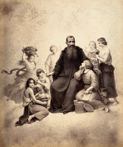 Święty Benedykt na tronie otoczony przez młodzież z wiązkami pszenicy i koszami owoców. Ilustracja do Canto XXXII w Paradiso z Boskiej komedii Dantego Alighieri. Dzieło Francesco Scaramuzzy dedykowane władzom miejskim Florencji. autorstwa Unbekannter Künstler
