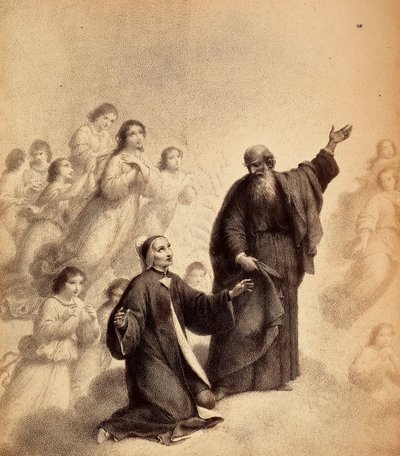 Święty Bernard, uśmiechając się, zachęca Dantego do spojrzenia w górę; poeta klęczy z otwartymi ramionami obok świętego; otaczają ich błogosławione duchy. Ilustracja do Canto XXXIII w Paradiso z Boskiej komedii Dantego Alighieri. Dzieło Francesco Scaramuzz autorstwa Unbekannter Künstler