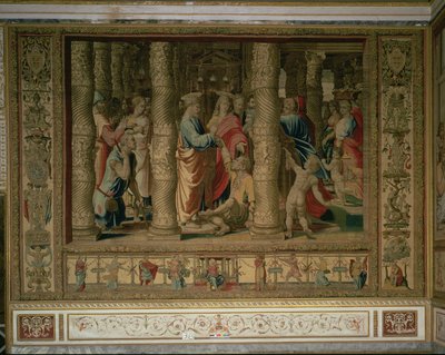 Św. Piotr i św. Jan uzdrawiają kalekę w bramie świątyni, z Brukselskich Gobelinów, repliki watykańskich karykatur Rafaela z Dziejów Apostolskich (gobelin) autorstwa Unbekannt