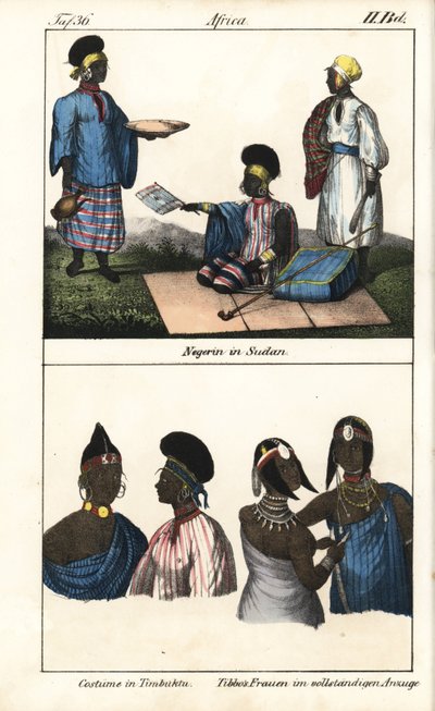 Sudańskie kobiety w pasiastych strojach. Poniżej, demmes z Timbuktu (Mali) i kobiety Tibbo z Sahary. Litografia do książki: "Galerie complete en tableaux fideles des peuples d