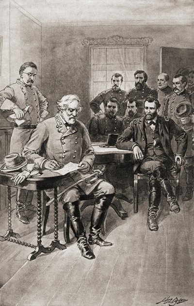 Poddanie się Roberta E. Lee generałowi Ulyssesowi S. Grantowi, Appomattox Court House, Wirginia, 9 kwietnia autorstwa Unbekannter Künstler