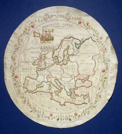 T.142-1938 Próbnik przedstawiający mapę Europy, angielski, koniec XVIII w. (kolorowe nici jedwabne na jedwabiu) autorstwa Unbekannt