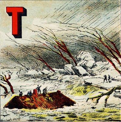 T: Torrent. Jest to bardzo szybki strumień wody wytwarzany przez strome zbocze terenu - Rycina wydobyta z Alfabetu Geograficznego. Guerin-Muller et Cie, wydawnictwo, Paryż autorstwa Unbekannt