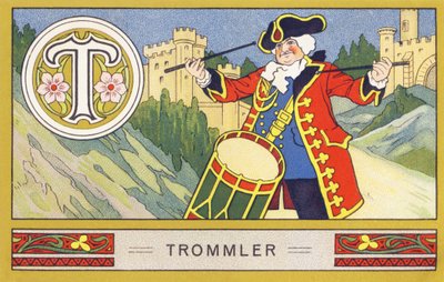 T: Perkusista - Alfabet Palmin. Seria chromolitografii pod redakcją H. Schlincka i Cie, Hamburg, s. d. . Reklama najlepszego oleju kokosowego Palmin. Wymiary: 7 x 11 cm autorstwa William M. Timlin