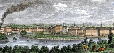 Młyny włókiennicze wzdłuż rzek Merrimack (Merrimac) i Concord, Lowell, Massachusetts, USA w latach trzydziestych XIX wieku. Kolorowa rycina z XIX wieku. autorstwa Unbekannter Künstler