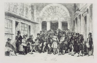 „The Alley”, sprzedawca bułek przy wejściu do Londyńskiej Giełdy Papierów Wartościowych, Capel Court, ok. 1850 (akwaforta) autorstwa Unbekannt